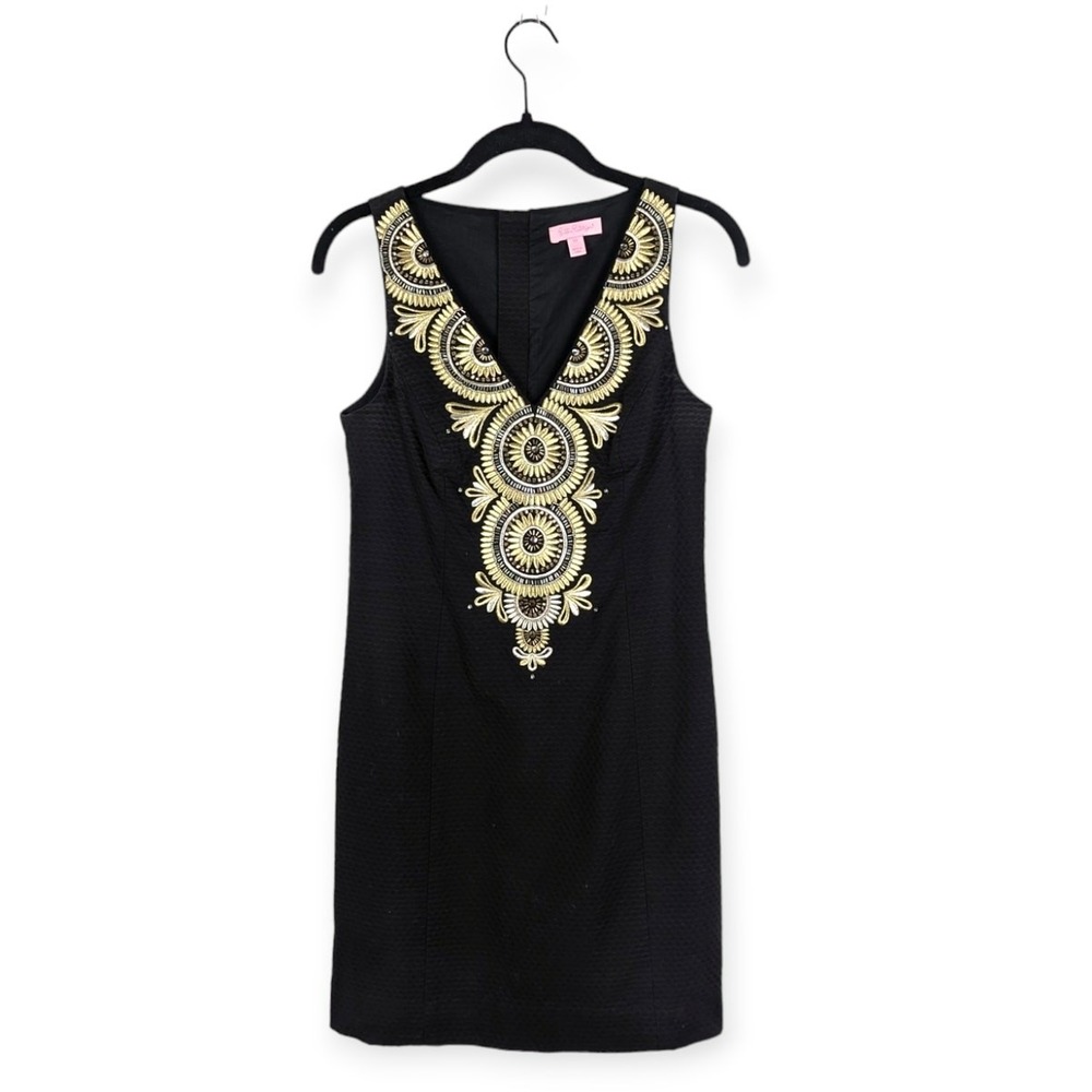 Lilly Pulitzer Black‎ and Gold Gabby Shift Embroidered Beaded Mini Dress Size 00